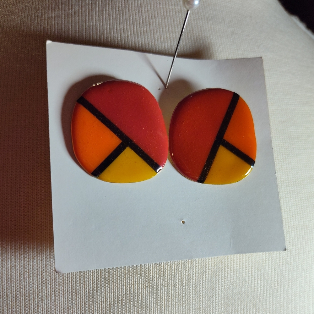Geometric Colorblick Red and Orange Earrings